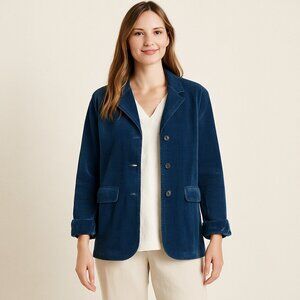 J Jill Womens Corduroy Jacket Petite M Blue Button Front 100% Cotton Velvet Cuff